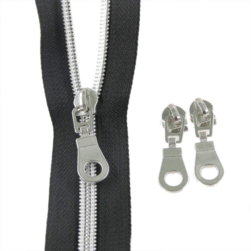 Leekayer #5 Silver Metallic Nylon Coil Zippers by The Yard Bulk 10 Yards Black Tape with 25pcs Silver Sliders for DIY Sewing Tailor Craft Bag(Black) - Image 2